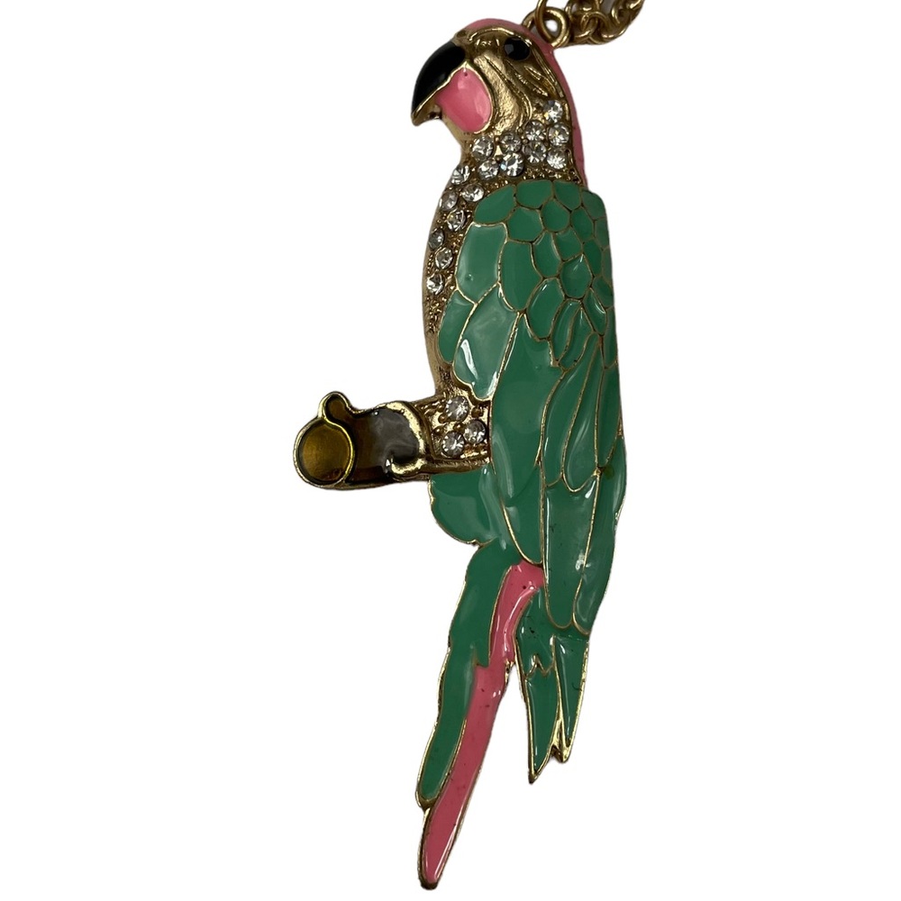 Vintage Tropical Parrot Pendant Pink Aqua Rhinestones Bird Enamel Brass Unique